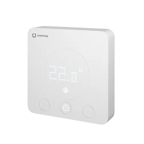 Weißes Raumthermostat von Oventrop mit digitaler Anzeige für Temperatur und verschiedenen Bedienelementen, geeignet für Heiz- und Kühlanlagen.